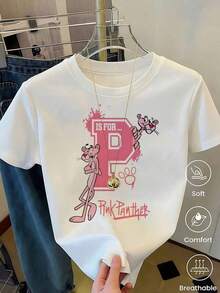 Women's White T-Shirt With  Graphic And Sunglasses, Retro Cartoon Aesthetic Short Sleeve T-Shirt, Fun Modern Top, Casual Street Fashion Blouse - 白色 - 查看 12