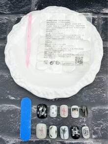 10片手工美甲贴纸，黑白短椭圆形，精美香氛法式美甲，印花美甲，适合新年、情人节、UV凝胶美甲、夏季美甲贴片 - 黑與白 - 查看 10