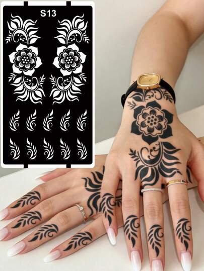 Hana Hand-Drawn Hollow Floral Tattoo Stencil - Sexy Floral Pattern, Suitable For Hands, DIY Painting, Ink, Reusable Mandala Design Template Stickers, Suitable For Women Body Party Makeup
