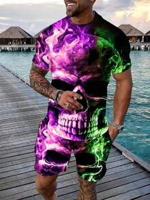 Conjunto de 2 piezas de camisa de manga corta y pantalones cortos suaves y transpirables para hombres - Estampado de calavera y llamas, adecuado para uso casual de verano, ropa de uso diario para adolescentes, conjunto de camisa y pantalones cortos lavables a máquina. - Colores mixtos - Ver 10