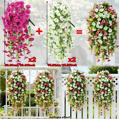 4支大型仿真红莲花+白色牵牛花垂吊藤蔓，采用逼真塑料材质，无需维护，适合户外悬挂，可用于家居、婚礼、户外花园、门廊、屋檐装饰，或用于圣帕特里克节、情人节、订婚、开斋节等节日装饰，情人节仿真花。
