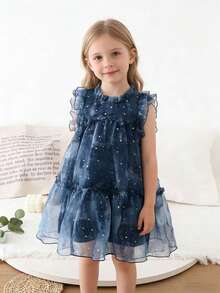 女童星形印花公主薄纱蛋糕裙，节日服装，生日礼物，派对服饰 - 藏蓝色 - 查看 2