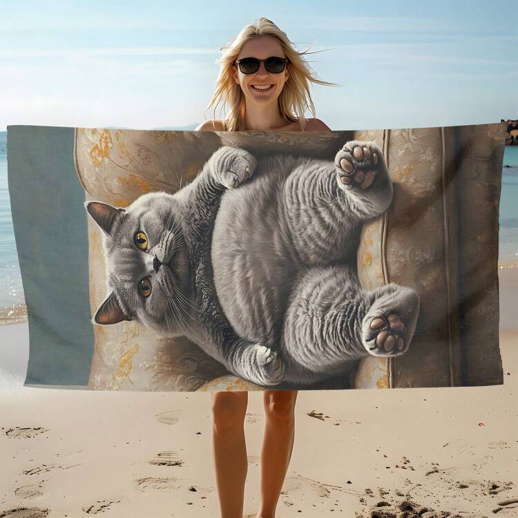 1pc Cute Cat Print Beach Towel, Soft Comfortable Lightweight Beach Towel, Suitable For Travel, Swimming, Diving, Surfing, Yoga, Camping, Beach Accessories - SSTJ10902 - View 1