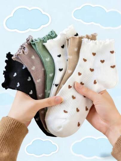 6 pares de calcetines de tobillo con volantes con forma de corazón para mujer - Calcetines de algodón transpirables con volantes dulces para uso diario en primavera y otoño