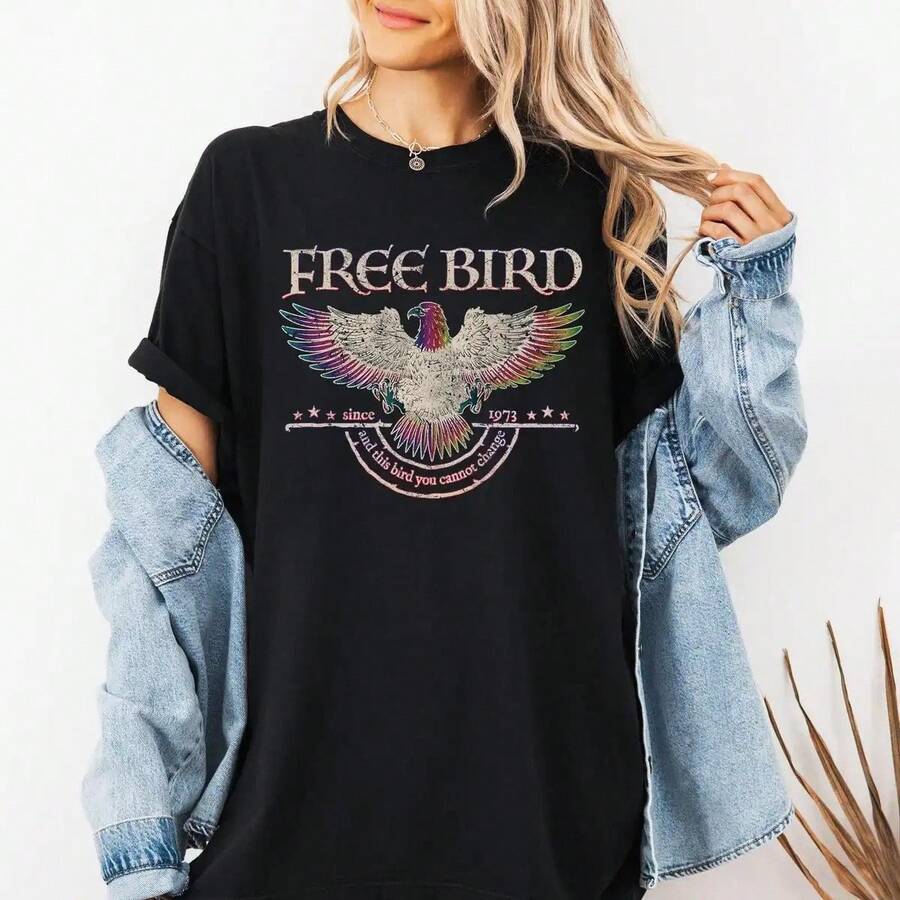 Camiseta Bird, Camiseta de la banda, Camiseta de banda de estilo vintage, Camiseta deúsica retro, Camiseta de banda de rock, Cuello redondo para mujer, Cuello redondo - Negro - Ver 1