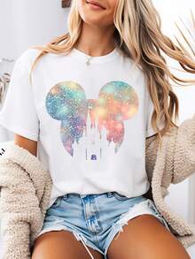 Disney-Style Women's Printed T-Shirt Featuring Mickey Mouse Fireworks And Disney Magic Cartoon Prints. This Round-Neck Summer Top Is Crafted From Soft, Comfortable 100% Cotton Fabric, Perfect For Everyday Wear, Outdoor Activities, Or Shopping. It Also Makes An Ideal Choice For Women's Vacation Wear. - White - View 1