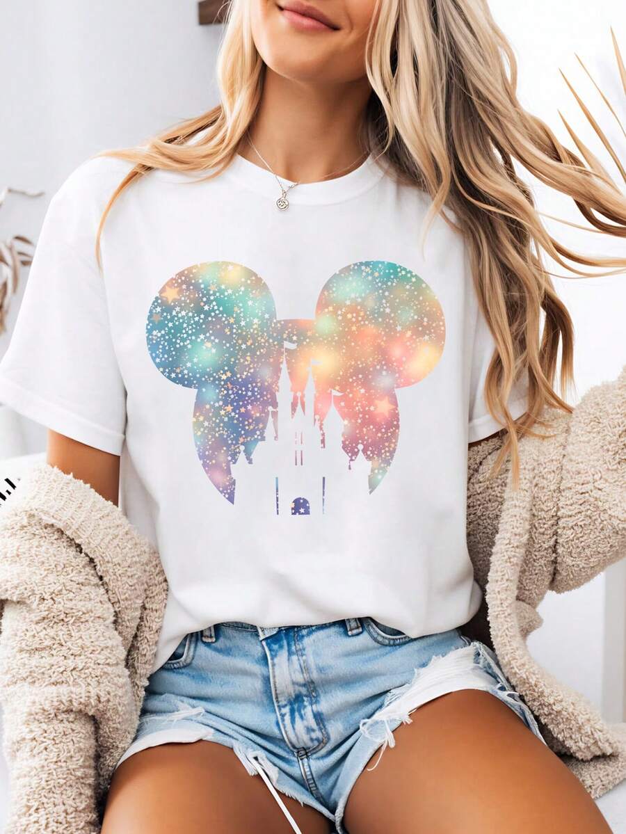 Disney-Style Women's Printed T-Shirt Featuring Mickey Mouse Fireworks And Disney Magic Cartoon Prints. This Round-Neck Summer Top Is Crafted From Soft, Comfortable 100% Cotton Fabric, Perfect For Everyday Wear, Outdoor Activities, Or Shopping. It Also Makes An Ideal Choice For Women's Vacation Wear. - White - View 1
