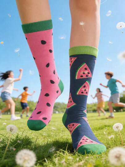 1/2/3 Pairs Unisex Mandarin Duck & Watermelon Print Casual Versatile Korean Style Mid-Calf Socks For Daily Wear