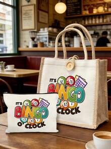 2 Stücke/Set Casual Tragetasche Set, Muster mit "Es ist Bingo Uhr", inklusive Damen Handtasche und Geldbörse Set, Tragetasche und Münzbeutel, große Kapazität Damentasche, leicht mit großer Kapazität Shopper, wiederverwendbare Leinen Einkaufstasche, tragbare Reise Kosmetiktasche - Verschiedenfarbig - Übersicht 6
