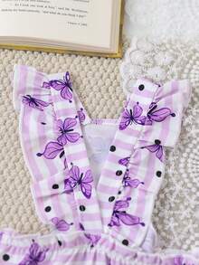 紫色蝴蝶图案狗狗胸背带连衣裙套装，条纹波点宠物连衣裙+帽子，两件套，适合小型犬，春夏款 - 淡紫色 - 查看 4