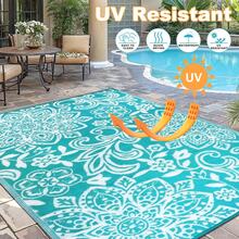 Pauwer Outdoor Rug Waterproof, Reversible Plastic Straw Rug RV Camping Rug, Indoor Outdoor Patio Mat, Outside Carpet For Porch,Deck,Camper,Balcony,Backyard,Picnic - Hoa/Xanh lam - Xem 5