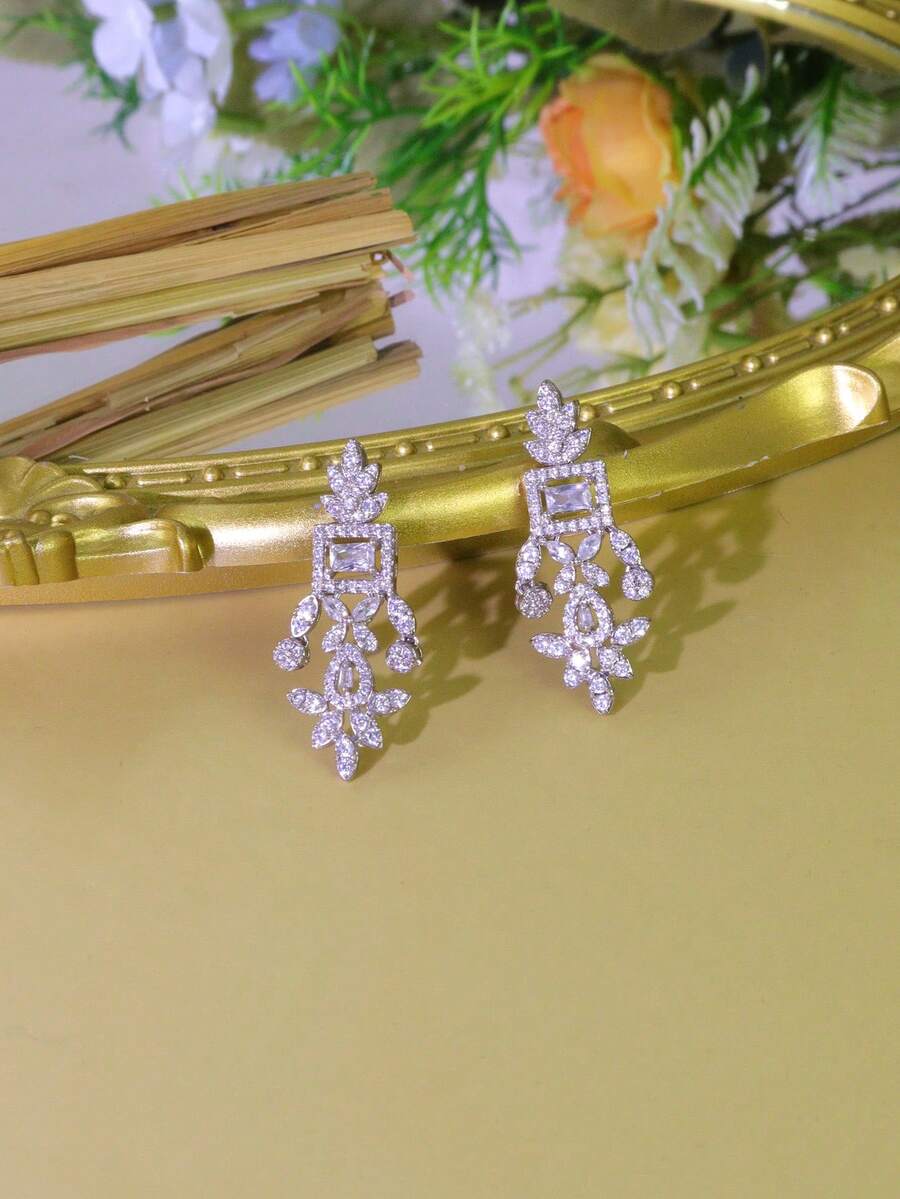 1 Pair Cubic Zirconia Luxury Pendant Earrings, Fashionable Women's Jewelry Gift, Suitable For Dates, Weddings, Banquets, Anniversaries, Comes With Gift Box