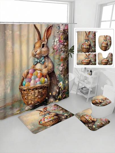 1/4pcs Easter Egg Basket & Rabbit Print Waterproof Bathroom Curtain Set, Tranquil & Healing, Waterproof & Mildew Resistant, Thick Polyester, No Drill Installation, Anti-Slip Bath Mat, Absorbent Toilet Pad, Digital Printing, Fade Resistant, Machine Washable, All Season, Easter Holiday Limited Edition