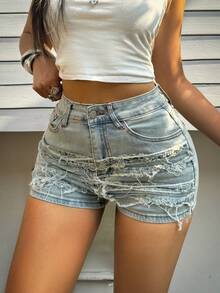 Quần short denim bó có viền tua rua thời trang dành cho nữ - Màu sắc cổ điển - Xem 1