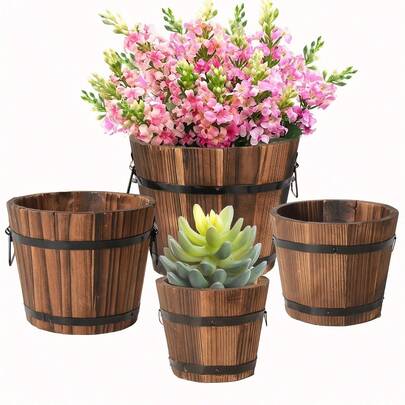 Vintage Solid Wood Anti-Rot Flower Pot, Indoor/Outdoor Gardening Planting Tool, Outdoor Garden Yard Wooden Barrel Decor, Suitable For Living Room, Balcony, Backyard, Multi-Functional Home Decor