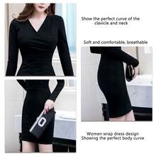 Mujeres manga larga Midi Envoltura Vestido Moda Slim Fit Mujeres V cuello Vestidos de trabajo para negocios Festa de cóctel formal - Negro - Ver 5