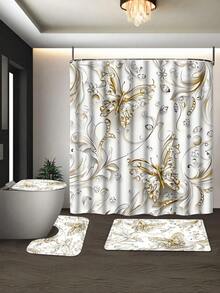 1件/4件套优雅蝴蝶图案浴帘套装，含12个挂钩，防水涤纶面料，可水洗浴垫，防滑地毯，时尚浴室配件，仅限干洗 - A - 查看 6