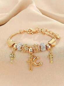 1pc 26 Letter, Heart, Cross, Flower Beaded Bracelet, Fashionable Youth Keychain, Cross Pendant Bracelet - Multicolor - View 25