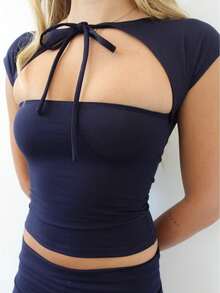 Women's Reversible Two Way Wear Crop Top Square Neck With Tie Front Cap Sleeve Shirts Summer Casual Going Out - 深藍色 - 查看 3