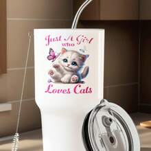 30oz Stainless Steel Tumbler Black White Options,  Just A Girl Who Loves Cats Graphic Cups, Insulated Travel Coffee Mug With Lid And Straw , Double Wall Vacuum Reusable Travel Cups, Funny Birthday Party Gift For Women & Men - 白色 - 查看 1