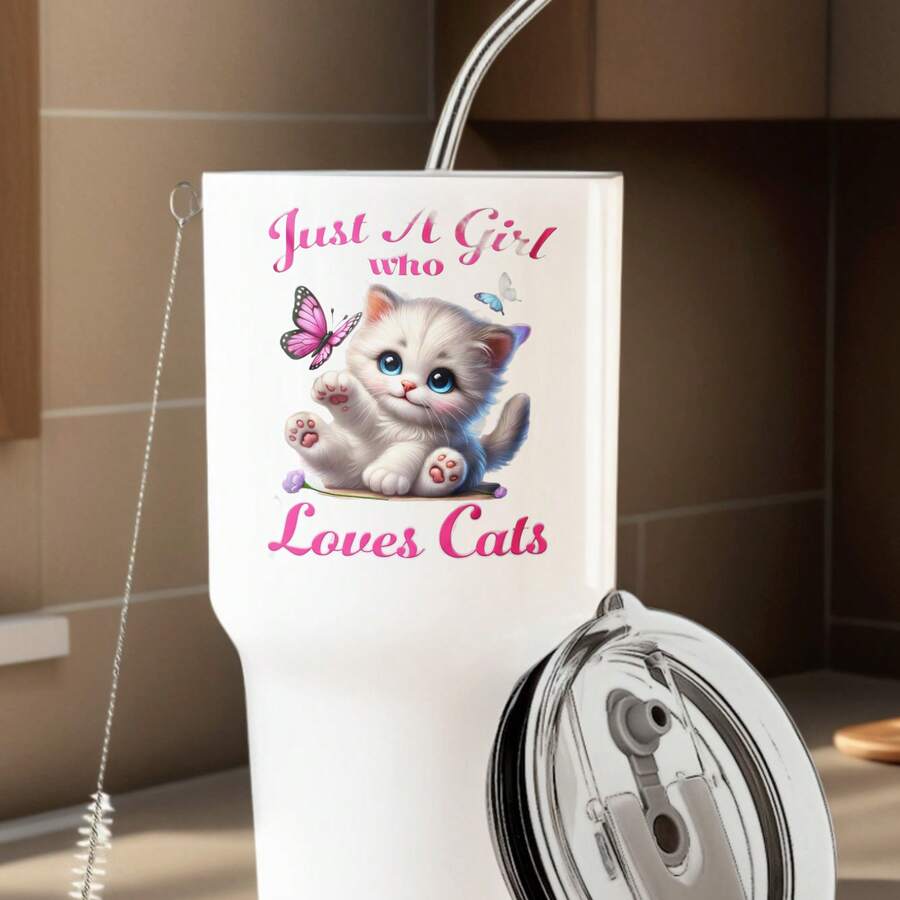 30oz Stainless Steel Tumbler Black White Options, Just A Girl Who Loves Cats Graphic Cups, Insulated Travel Coffee Mug With Lid And Straw , Double Wall Vacuum Reusable Travel Cups, Funny Birthday Party Gift For Women & Men - 白色 - 查看 1