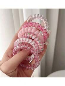 12 piezas/6 piezas Lazos para el cabello de alambre de teléfono rosa, bandas elásticas para el cabello, estilo dulce y lindo, accesorios para el cabello de mujer, adecuados para uso casual diario y al aire libre, útiles escolares, decoraciones para el cabello, accesorios de mujer - Rosa - Ver 3