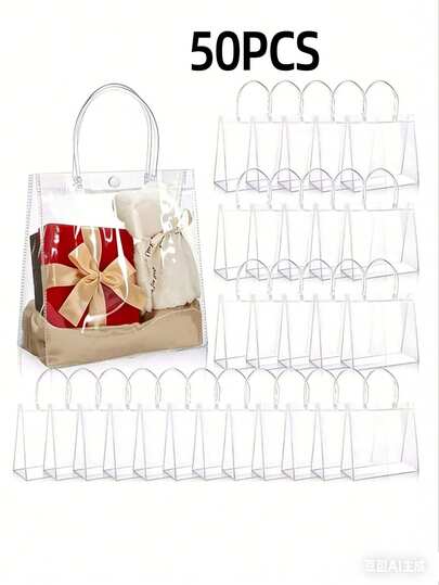 20/10个/套 透明塑料礼品袋，带提手，可重复使用，派对回礼袋，带丝带，透明礼品包装袋，适用于婚礼、生日、返校、情人节等各种场合