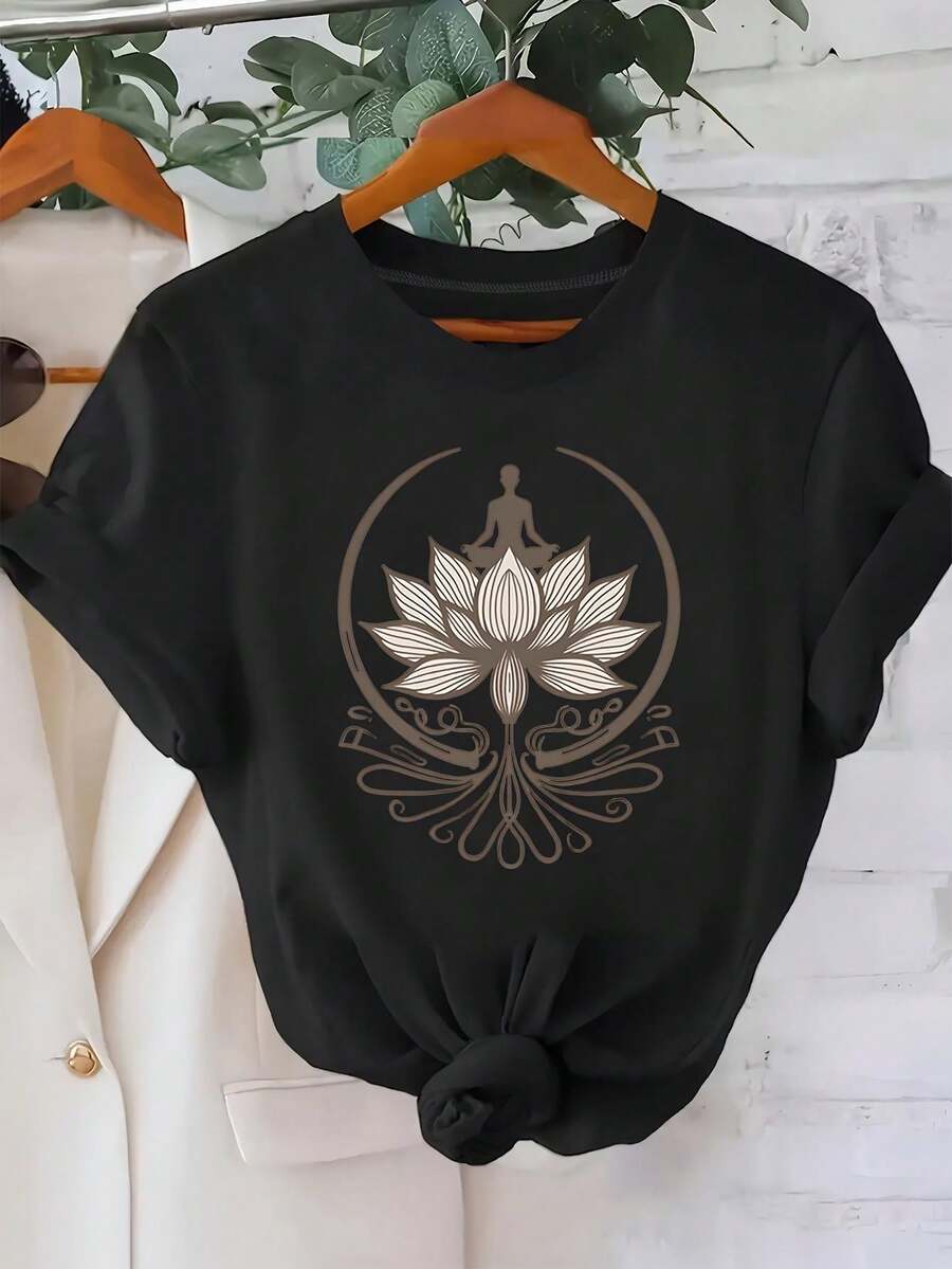 For Lotus Flower & Meditating Figure T-Shirt - Mindfulness Design Short Sleeve Round Neck Casual Yoga Top, Knot Graphic Tee For Meditation, Spiritual Wear, Unisex For Men &, Machine Washable (All-Season) - 黑色 - 查看 1