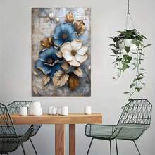 Blue White Flowers Gold Leaves Vintage Rustic Canvas Wall Art - Unframed Poster- Home & Office Decor For Living Room, Bedroom, Kitchen & Cafe - A - View 2