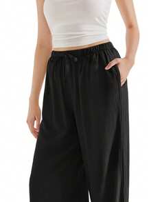 OMKAGI  Women's Linen Wide-Leg Pants With Pockets - Loose And Casual Long Pants For Home Wear Walking Around Vacation Beach Wear - màu đen - Xem 10