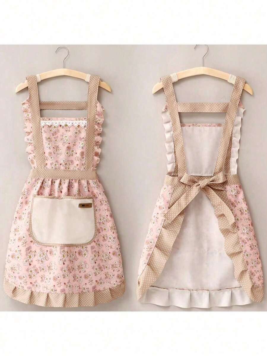 1pc Women's Ditsy Floral Princess Style Kitchen Apron, Oil & Stain Resistant Wipe-Clean Bib Apron, Fashion Homewear For Cooking Baking Housework, Home Kitchen Accessories - Multicolor - View 1