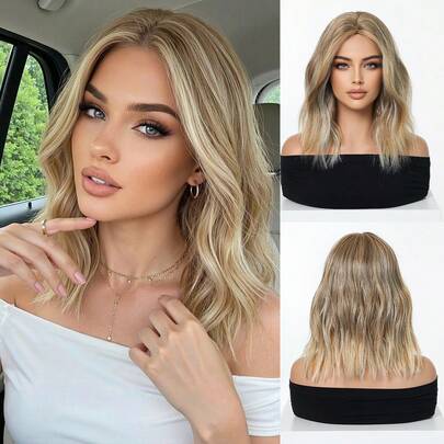 12 INCH Linen Gold Short Wavy Hair Synthetic Heat-Resistant Wig Women's Wigs Middle-Part Bangs Are Ideal For Everyday And Party Cosplay Use