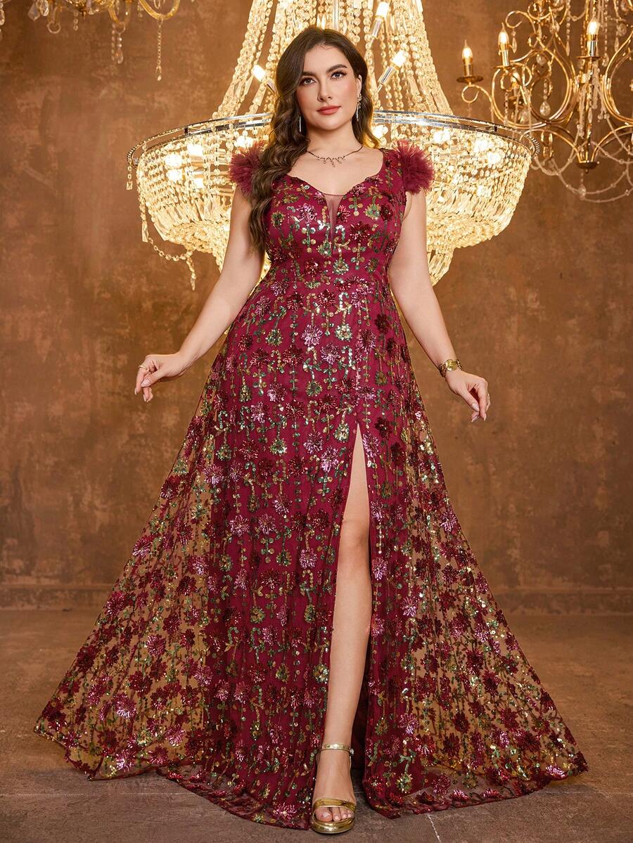 SUPGIR Plus 女士【随机印花】心形领口露背修身亮片拼接开衩晚礼服 - 酒紅色 - 查看 1