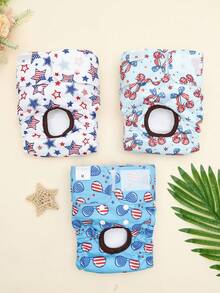 3条装复古美式印花狗狗尿布，可调节魔术贴幼犬卫生裤，防水可洗宠物生理内裤 - 彩色 - 查看 12