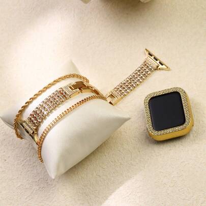 3件套女士四排立方氧化锆金属表带套装，适用于系列，包含1条镶钻金属表带和2条镶钻金属手链，适用于38/40/41/42/44/45/49mm系列，闪亮水钻表带，水钻手链腕带，可爱时尚，适合作为礼物送给朋友。