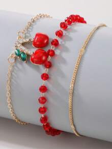 3件套甜美樱桃吊坠脚链，可爱樱桃流苏脚链套装，时尚百搭，适合日常佩戴、海滩派对等场合。 - 彩色 - 查看 2