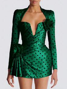 Women's Long Sleeve Short Green Formal Dress, Deep V-Neck, Polka Dot, 3D Floral Ruffle, Waist Cinched, Satin Formal Gown Sexy Heart-Shaped Neck Mini Pink Valentine's Day Party Dress, Suitable For Family Gatherings, Valentine's Day, Special Occasions, Dances, Clubs - Green - View 1