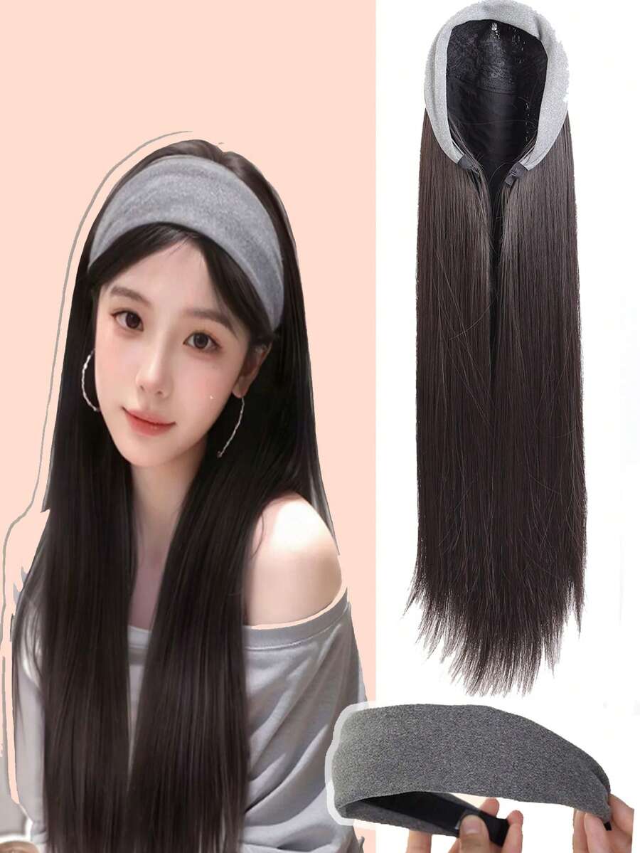 女士头戴式假发，长直合成假发，可拆卸半头戴式假发 - 彩色 - 查看 1
