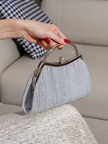 Túi cầm tay nhỏ hình vuông, xếp ly lấp lánh, kẻ sọc dọc, túi đeo cổ tay, túi dự tiệc thanh lịch, thích hợp tham dự các bữa tiệc và sự kiện, túi cầm tay đa năng đựng mỹ phẩm và điện thoại. - Bạc - Xem 8