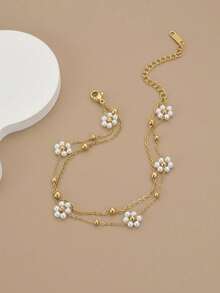 1 pieza Tobillera de acero inoxidable de doble capa con flor de perla de moda, cadena de perlas, adecuada para verano, vacaciones, fiesta en la playa, regalo, regalo de cumpleaños - Blanco - Ver 3
