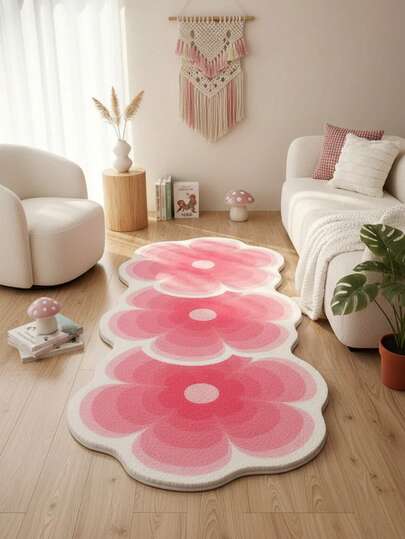 1pc Ombre Pink Floral Long Carpet, Machine Washable, Suitable For Bedroom, Living Room, Home Decor, Indoor Use, Hallway Carpet, Bedside Rug, Bedroom Decor, Room Decor, Small Rug, Blanket, Outdoor Mat, Garden Mat, Living Room Carpet