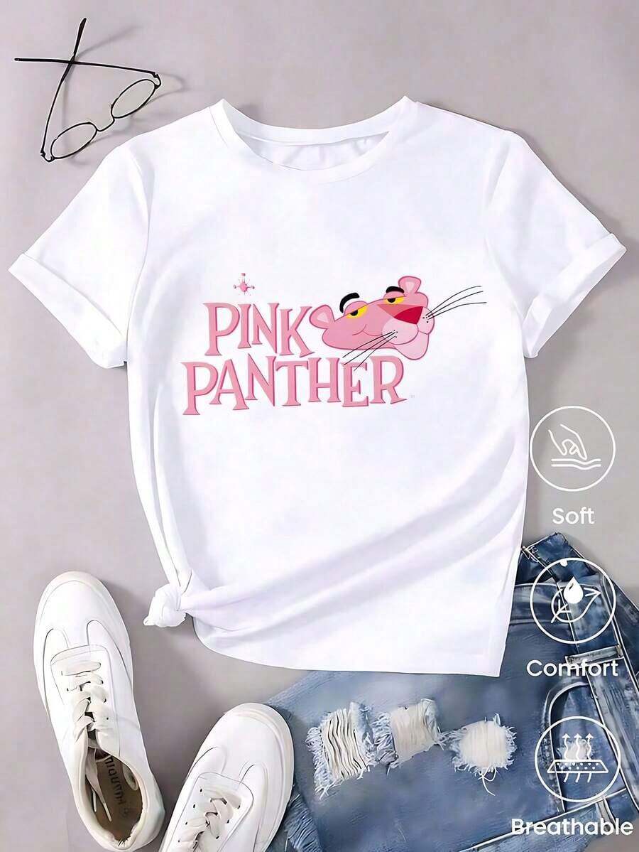 Women's White T-Shirt With Graphic And Sunglasses, Retro Cartoon Aesthetic Short Sleeve T-Shirt, Fun Modern Top, Casual Street Fashion Blouse - 紅白色 - 查看 1