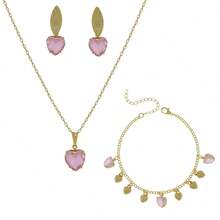 Women's Gold-Plated Costume Jewelry Set With Heart-Shaped Necklace, Earrings, And Bracelet (18k Gold Plated) - 淺粉色 - 查看 7