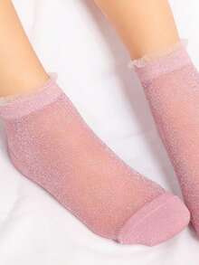1 Pair Women's Pink Mesh Glitter Ankle Socks | Lace Ruffle Trim | Kawaii Sweet Girly | Everyday Essential For Daily Wear - Multicolor - View 6