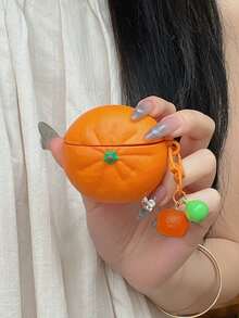 不对称造型硅胶创意3D橙色吊坠，适用于第四代保护壳，苹果耳机保护壳，适用于 Pro 2，无线蓝牙耳机保护套，适用于第一/二代，硅胶软壳，适用于第三代防摔耳机保护套（不含耳机），春季礼物，生日派对 - 橘色 - 查看 2