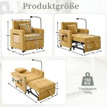 Two-In-One Sleeper Chair, Single Sleeper Sofa, Chenille Armchair (With Cushions And Side Pockets), With A Small Table On One Side And A Storage Bag On The Other, Complete - Mustard Yellow - View 2