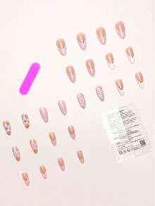 24pcs/Set Elegant Gradient Pink & White Almond-Shaped Press-On Nails With 3D Floral & Pearl Decor, Includes Gel Polish And Nail File, Suitable For Girls/Women Daily, Party, Autumn Nails - Multicolor - View 2