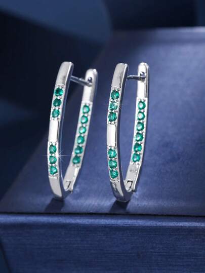 1 Đôi bông tai khoen tròn hình chữ C oval thanh lịch, tối giản, đính đá Zirconia, thích hợp cho nữ giới đi làm và đi làm hàng ngày.