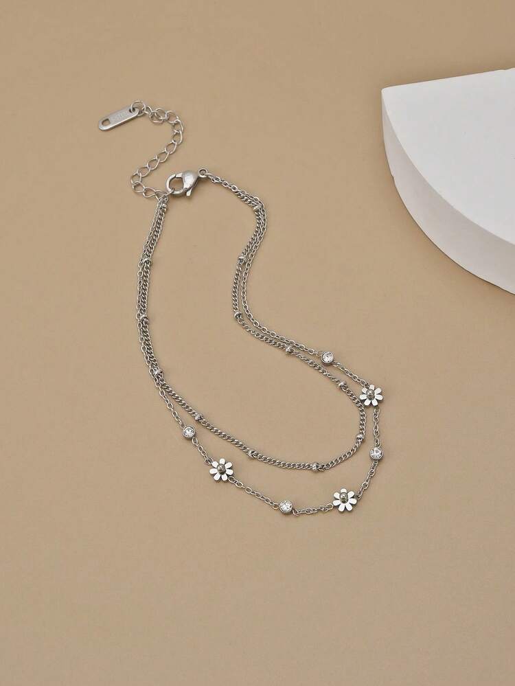 1pc Fashionable Rhinestone Daisy Stainless Steel Anklet For Women (The Number Of Beads On The Chain May Vary Slightly From The Stated Size)