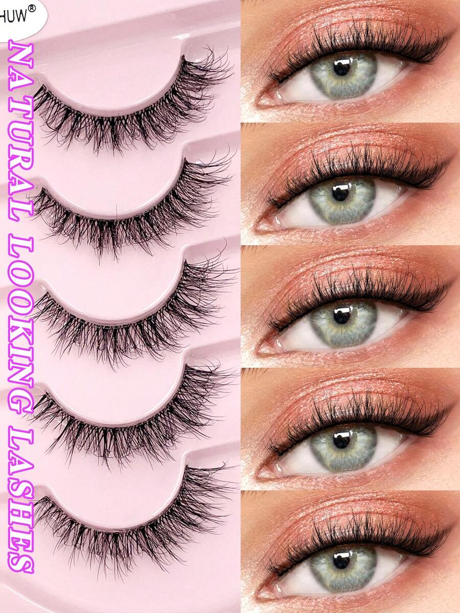 ENCHUW 5 Pairs Lashes With Clear Band Fluffy False Lashes Pack Natural Look False Eyelashes Wispy Eyelashes Curly Makeup Eyelashes For Daily Wear - Black - View 1